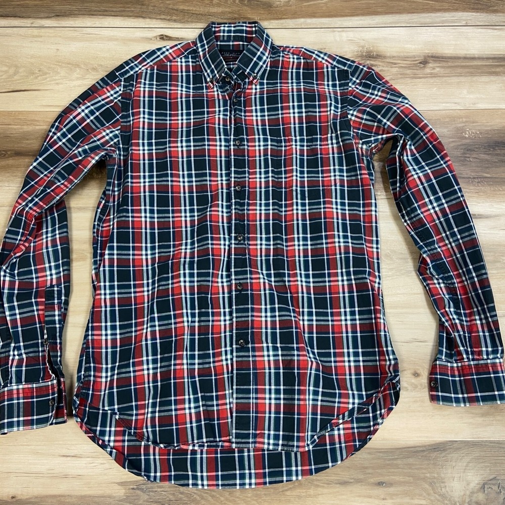 Zara Sport Classic Shirt Size S Plaid Button Down Tailored Fit Red Navy Spain